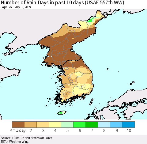 Korea Number of Rain Days in past 10 days (USAF 557th WW) Thematic Map For 5/1/2024 - 5/5/2024