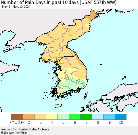 Korea Number of Rain Days in past 10 days (USAF 557th WW) Thematic Map For 5/6/2024 - 5/10/2024