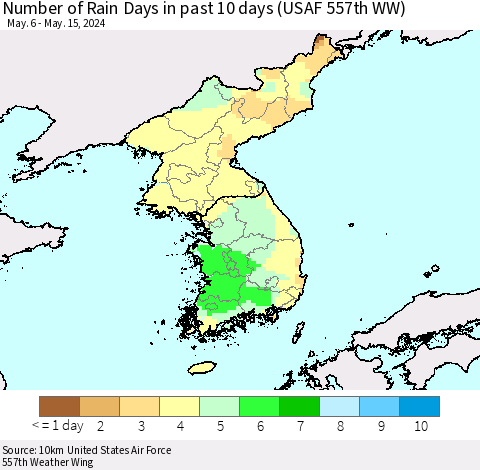 Korea Number of Rain Days in past 10 days (USAF 557th WW) Thematic Map For 5/11/2024 - 5/15/2024