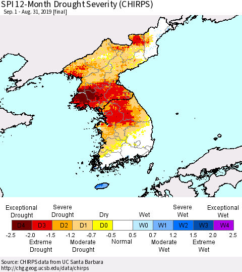 Korea SPI 12-Month Drought Severity (CHIRPS) Thematic Map For 9/1/2018 - 8/31/2019