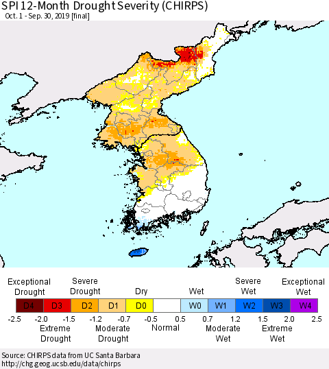 Korea SPI 12-Month Drought Severity (CHIRPS) Thematic Map For 10/1/2018 - 9/30/2019