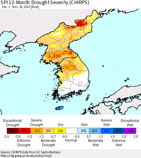 Korea SPI 12-Month Drought Severity (CHIRPS) Thematic Map For 12/1/2018 - 11/30/2019