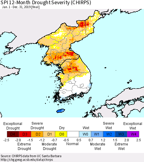 Korea SPI 12-Month Drought Severity (CHIRPS) Thematic Map For 1/1/2019 - 12/31/2019