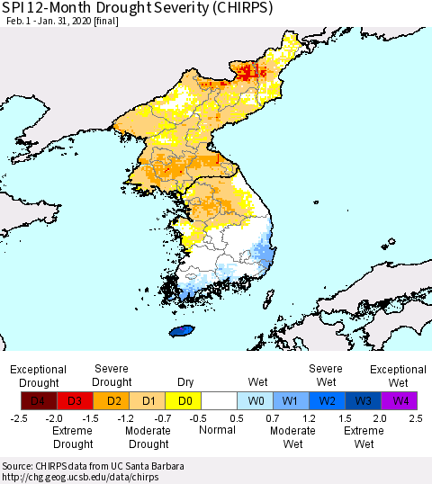 Korea SPI 12-Month Drought Severity (CHIRPS) Thematic Map For 2/1/2019 - 1/31/2020