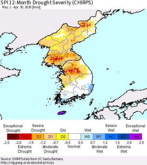 Korea SPI 12-Month Drought Severity (CHIRPS) Thematic Map For 5/1/2019 - 4/30/2020