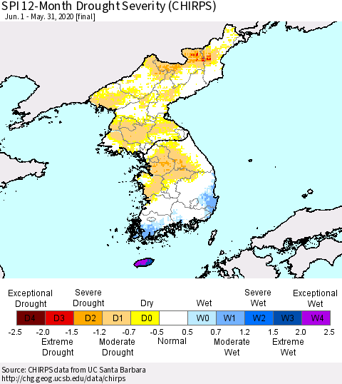 Korea SPI 12-Month Drought Severity (CHIRPS) Thematic Map For 6/1/2019 - 5/31/2020
