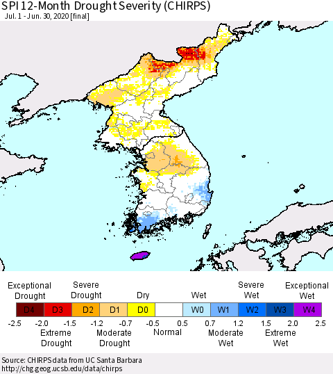 Korea SPI 12-Month Drought Severity (CHIRPS) Thematic Map For 7/1/2019 - 6/30/2020