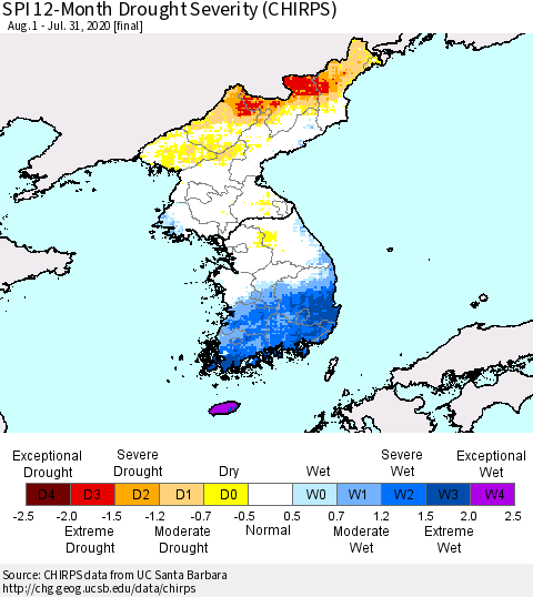 Korea SPI 12-Month Drought Severity (CHIRPS) Thematic Map For 8/1/2019 - 7/31/2020