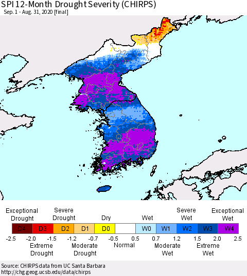 Korea SPI 12-Month Drought Severity (CHIRPS) Thematic Map For 9/1/2019 - 8/31/2020