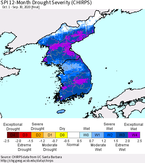 Korea SPI 12-Month Drought Severity (CHIRPS) Thematic Map For 10/1/2019 - 9/30/2020