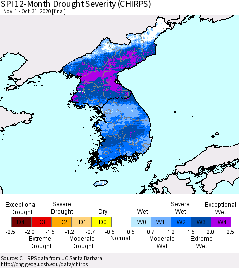 Korea SPI 12-Month Drought Severity (CHIRPS) Thematic Map For 11/1/2019 - 10/31/2020