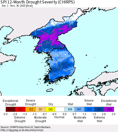 Korea SPI 12-Month Drought Severity (CHIRPS) Thematic Map For 12/1/2019 - 11/30/2020