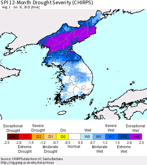 Korea SPI 12-Month Drought Severity (CHIRPS) Thematic Map For 8/1/2020 - 7/31/2021