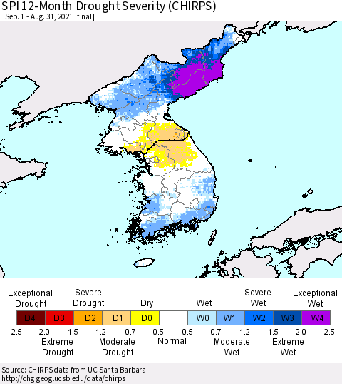 Korea SPI 12-Month Drought Severity (CHIRPS) Thematic Map For 9/1/2020 - 8/31/2021