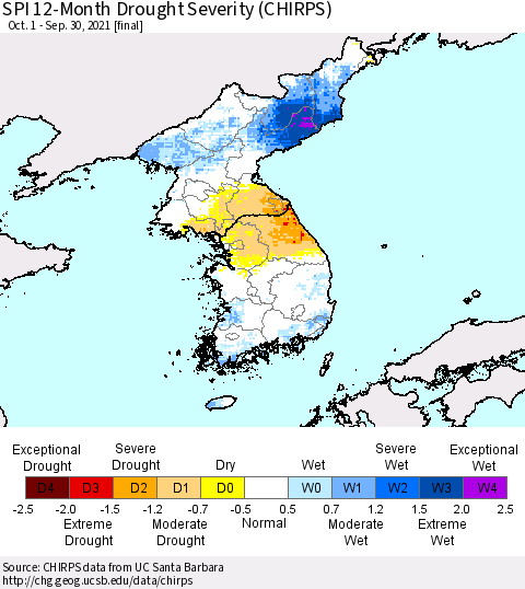Korea SPI 12-Month Drought Severity (CHIRPS) Thematic Map For 10/1/2020 - 9/30/2021