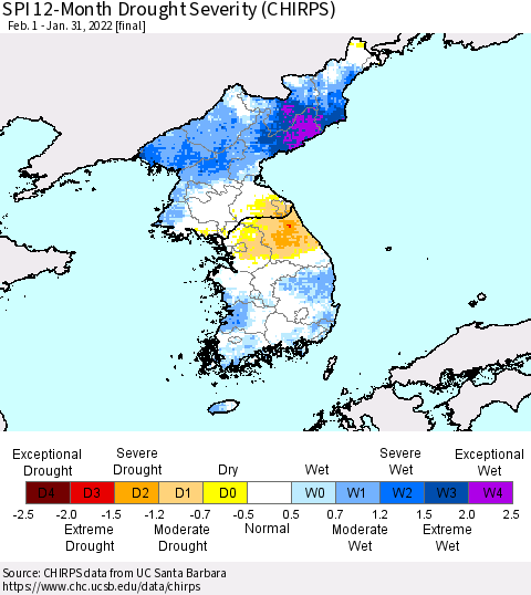Korea SPI 12-Month Drought Severity (CHIRPS) Thematic Map For 2/1/2021 - 1/31/2022