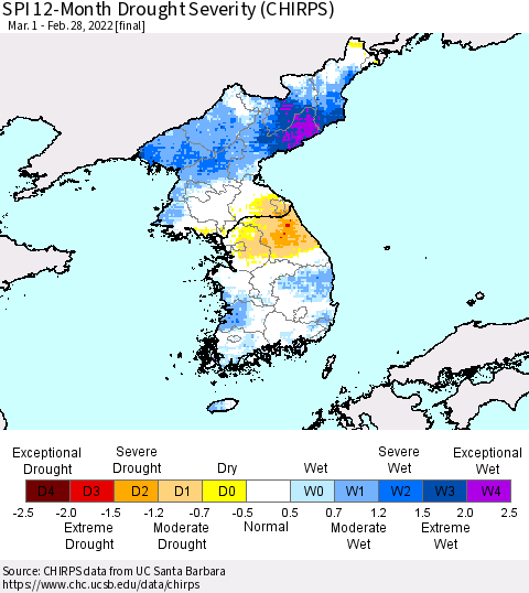 Korea SPI 12-Month Drought Severity (CHIRPS) Thematic Map For 3/1/2021 - 2/28/2022