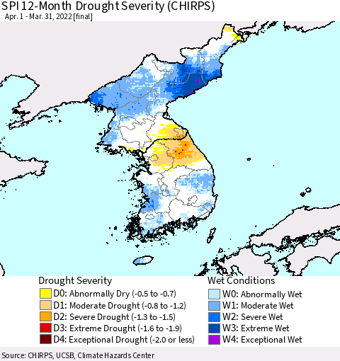 Korea SPI 12-Month Drought Severity (CHIRPS) Thematic Map For 4/1/2021 - 3/31/2022
