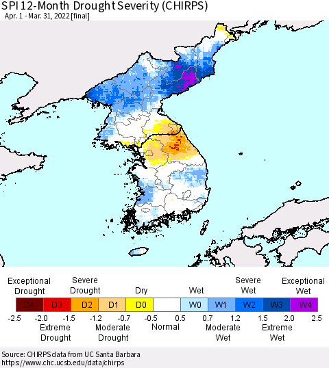 Korea SPI 12-Month Drought Severity (CHIRPS) Thematic Map For 4/1/2021 - 3/31/2022