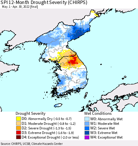 Korea SPI 12-Month Drought Severity (CHIRPS) Thematic Map For 5/1/2021 - 4/30/2022