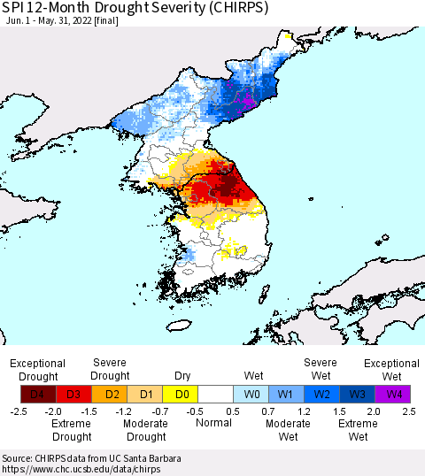 Korea SPI 12-Month Drought Severity (CHIRPS) Thematic Map For 6/1/2021 - 5/31/2022