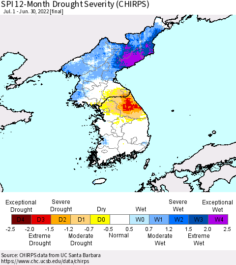 Korea SPI 12-Month Drought Severity (CHIRPS) Thematic Map For 7/1/2021 - 6/30/2022