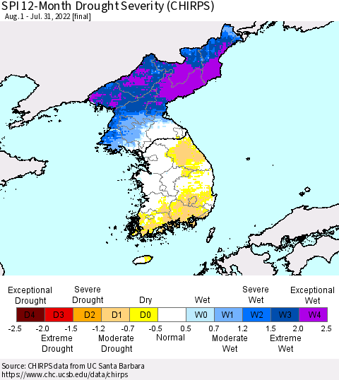Korea SPI 12-Month Drought Severity (CHIRPS) Thematic Map For 8/1/2021 - 7/31/2022