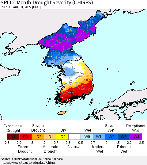 Korea SPI 12-Month Drought Severity (CHIRPS) Thematic Map For 9/1/2021 - 8/31/2022