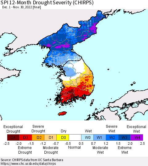 Korea SPI 12-Month Drought Severity (CHIRPS) Thematic Map For 12/1/2021 - 11/30/2022