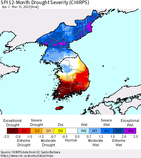 Korea SPI 12-Month Drought Severity (CHIRPS) Thematic Map For 4/1/2022 - 3/31/2023