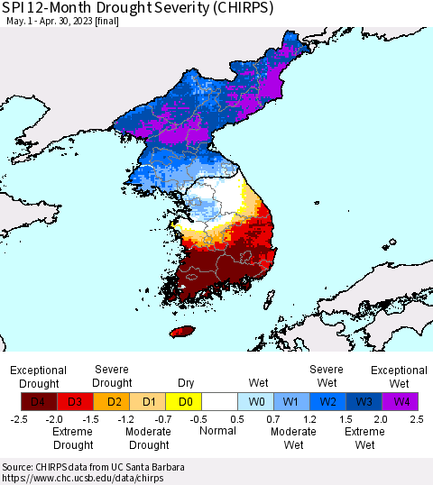 Korea SPI 12-Month Drought Severity (CHIRPS) Thematic Map For 5/1/2022 - 4/30/2023