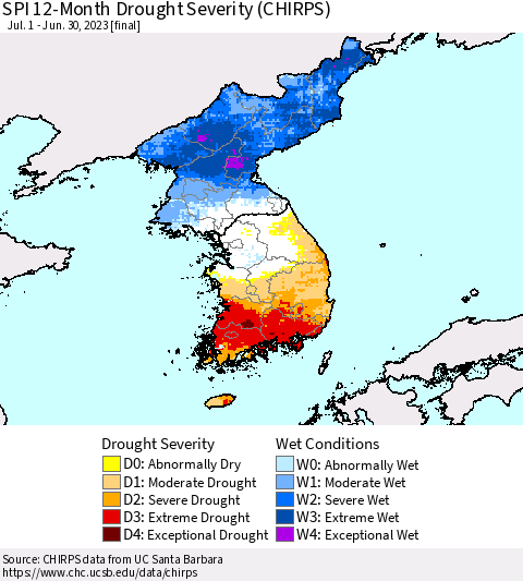 Korea SPI 12-Month Drought Severity (CHIRPS) Thematic Map For 7/1/2022 - 6/30/2023