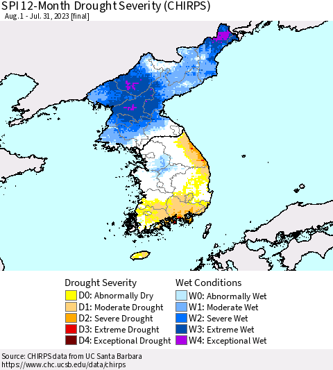 Korea SPI 12-Month Drought Severity (CHIRPS) Thematic Map For 8/1/2022 - 7/31/2023