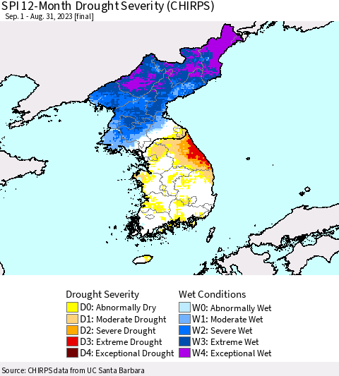 Korea SPI 12-Month Drought Severity (CHIRPS) Thematic Map For 9/1/2022 - 8/31/2023