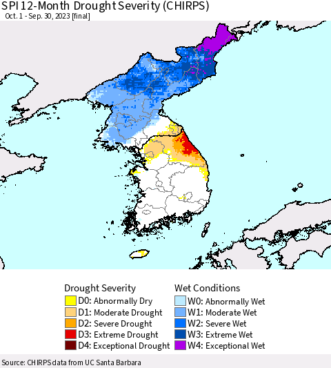 Korea SPI 12-Month Drought Severity (CHIRPS) Thematic Map For 10/1/2022 - 9/30/2023