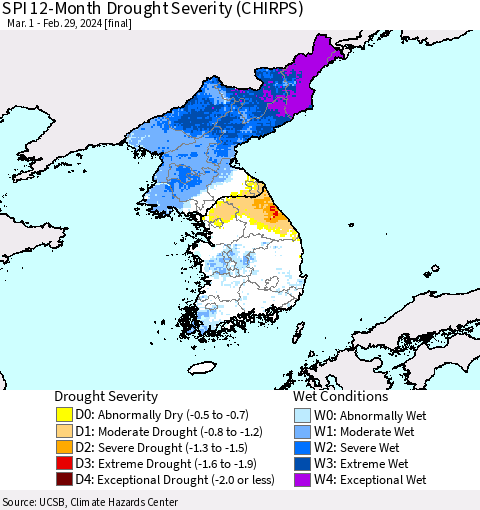 Korea SPI 12-Month Drought Severity (CHIRPS) Thematic Map For 3/1/2023 - 2/29/2024