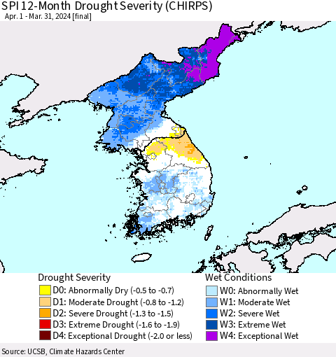 Korea SPI 12-Month Drought Severity (CHIRPS) Thematic Map For 4/1/2023 - 3/31/2024
