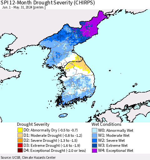 Korea SPI 12-Month Drought Severity (CHIRPS) Thematic Map For 6/1/2023 - 5/31/2024