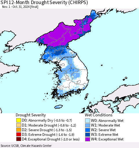 Korea SPI 12-Month Drought Severity (CHIRPS) Thematic Map For 11/1/2023 - 10/31/2024