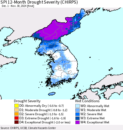 Korea SPI 12-Month Drought Severity (CHIRPS) Thematic Map For 12/1/2023 - 11/30/2024