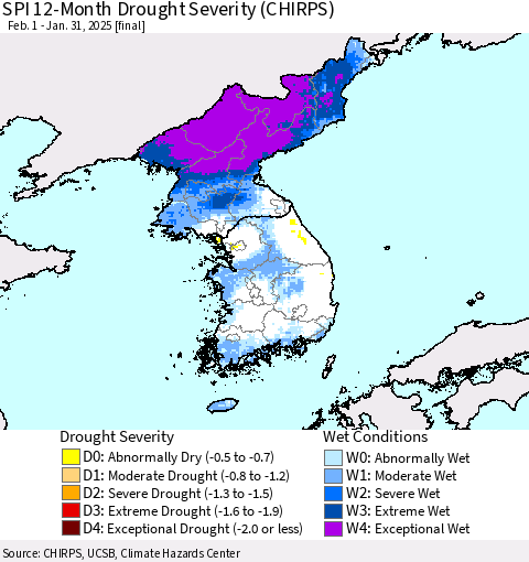 Korea SPI 12-Month Drought Severity (CHIRPS) Thematic Map For 2/1/2024 - 1/31/2025