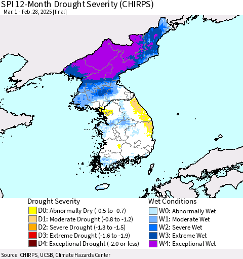Korea SPI 12-Month Drought Severity (CHIRPS) Thematic Map For 3/1/2024 - 2/28/2025
