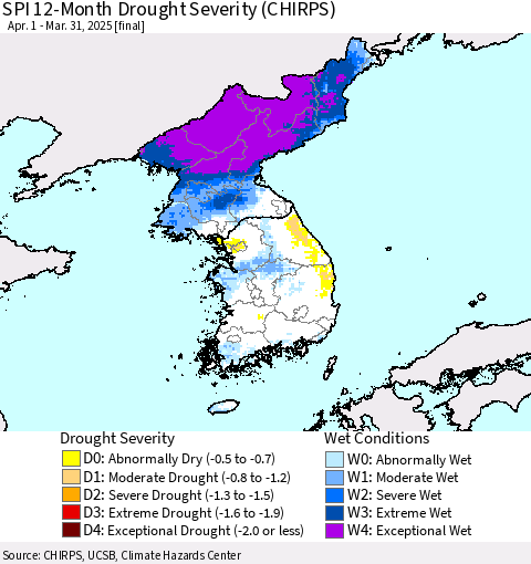 Korea SPI 12-Month Drought Severity (CHIRPS) Thematic Map For 4/1/2024 - 3/31/2025