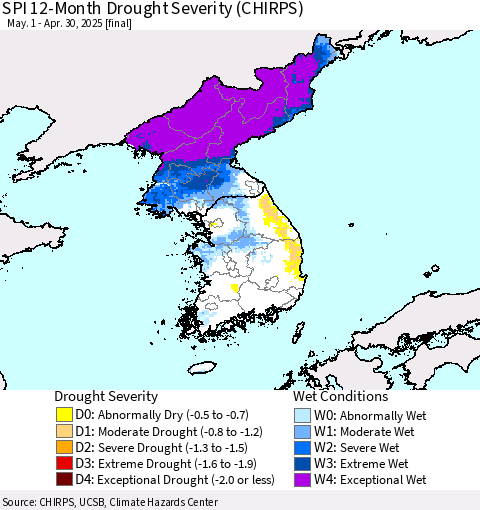 Korea SPI 12-Month Drought Severity (CHIRPS) Thematic Map For 5/1/2024 - 4/30/2025