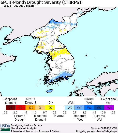 Korea SPI 1-Month Drought Severity (CHIRPS) Thematic Map For 9/1/2018 - 9/30/2018