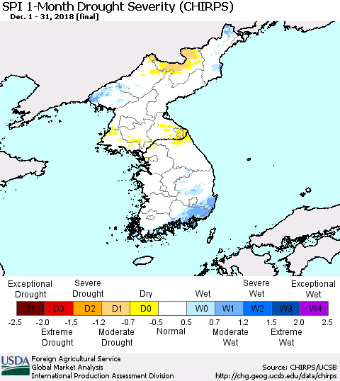 Korea SPI 1-Month Drought Severity (CHIRPS) Thematic Map For 12/1/2018 - 12/31/2018
