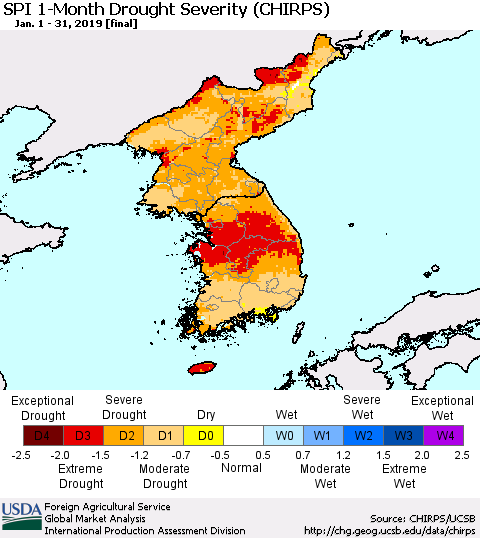 Korea SPI 1-Month Drought Severity (CHIRPS) Thematic Map For 1/1/2019 - 1/31/2019