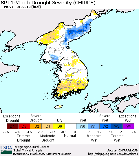 Korea SPI 1-Month Drought Severity (CHIRPS) Thematic Map For 3/1/2019 - 3/31/2019