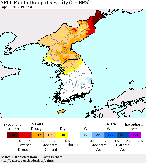 Korea SPI 1-Month Drought Severity (CHIRPS) Thematic Map For 4/1/2019 - 4/30/2019