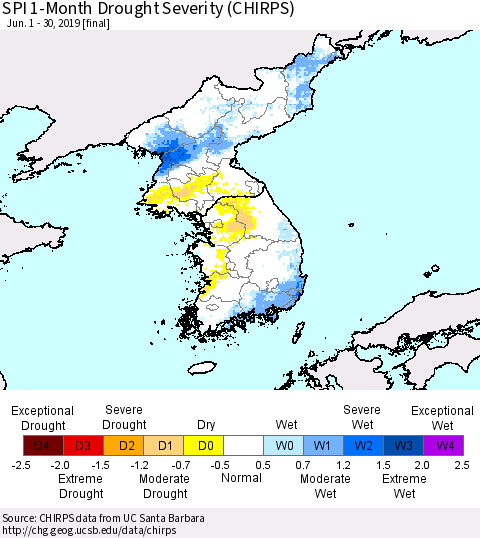 Korea SPI 1-Month Drought Severity (CHIRPS) Thematic Map For 6/1/2019 - 6/30/2019